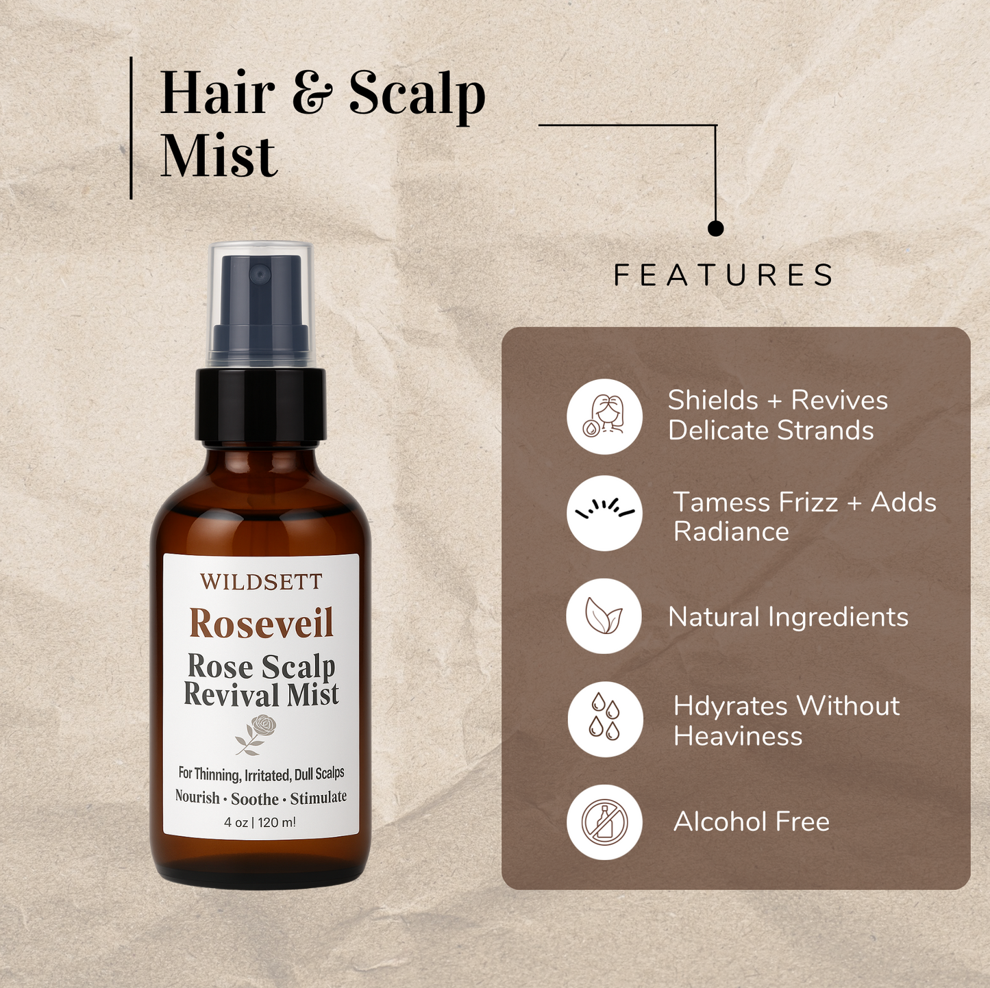 Roseveil blends cooling aloe, antioxidant-rich rose hydrosol, and circulation-boosting rosemary to hydrate the scalp, soothe irritation, and promote stronger, more resilient hair. Lightly scented with lavender and rose, this daily mist offers a quiet, sensorial ritual rooted in care.
Perfect for dry, flaky, thinning, or hormonally sensitive scalps seeking strength and stillness.