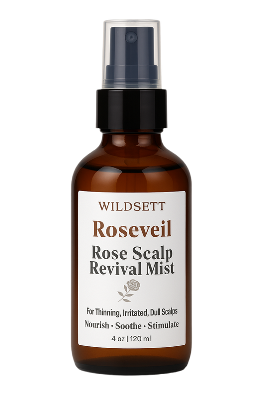 Roseveil blends cooling aloe, antioxidant-rich rose hydrosol, and circulation-boosting rosemary to hydrate the scalp, soothe irritation, and promote stronger, more resilient hair. Lightly scented with lavender and rose, this daily mist offers a quiet, sensorial ritual rooted in care.

Perfect for dry, flaky, thinning, or hormonally sensitive scalps seeking strength and stillness.
