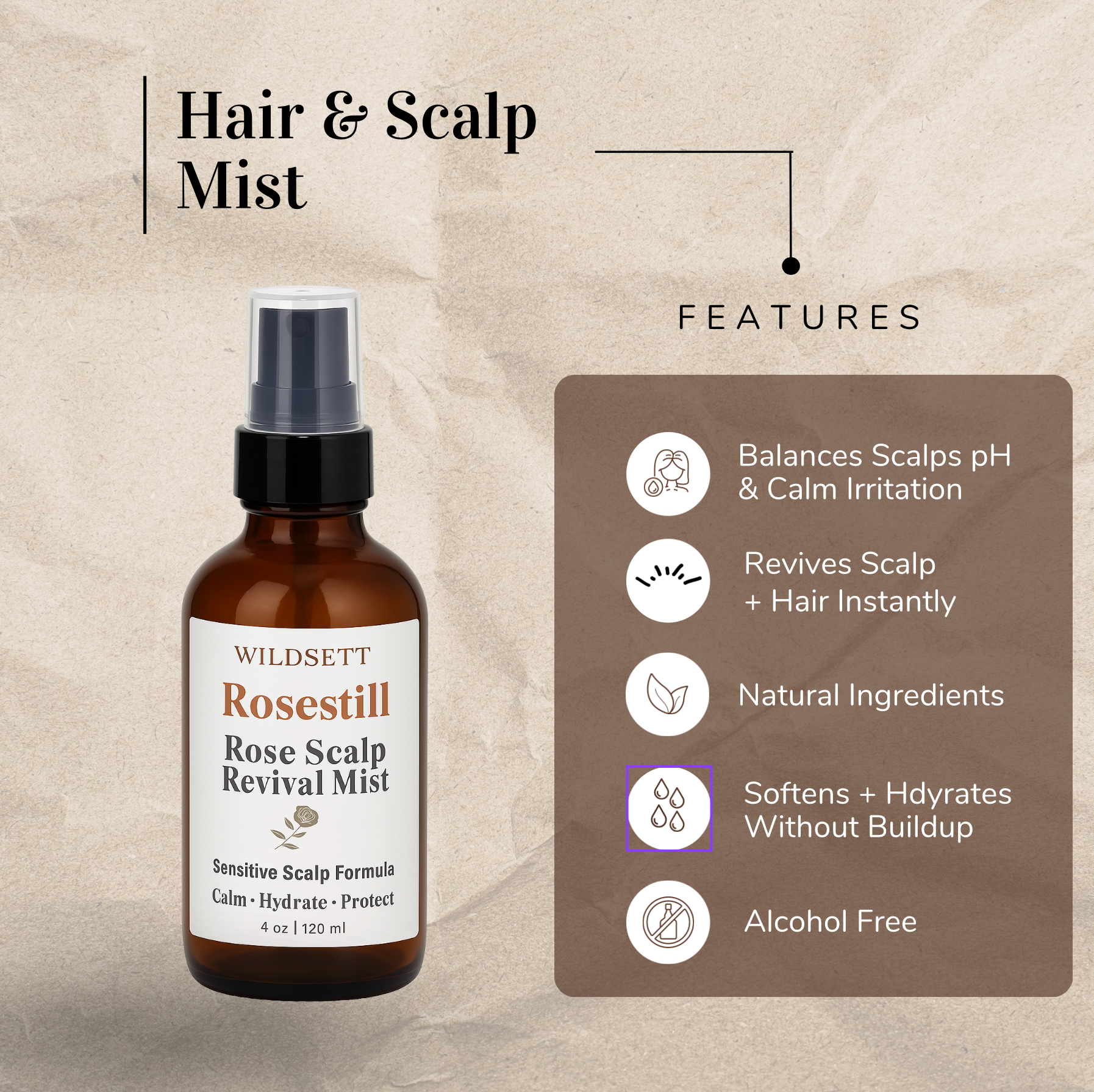 Rosestill gently restores harmony to sensitive, dry, or easily irritated scalps. This alcohol-free formula blends organic rose hydrosol, aloe vera, and colloidal oat extract to relieve redness, itching, and discomfort—without any essential oils or synthetic irritants.
