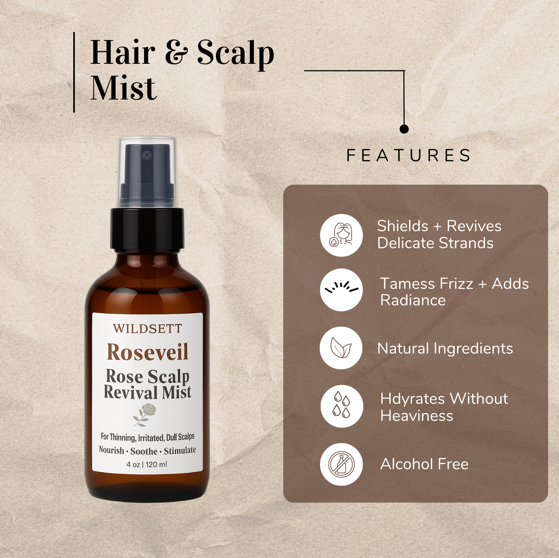 Roseveil blends cooling aloe, antioxidant-rich rose hydrosol, and circulation-boosting rosemary to hydrate the scalp, soothe irritation, and promote stronger, more resilient hair. Lightly scented with lavender and rose, this daily mist offers a quiet, sensorial ritual rooted in care.

Perfect for dry, flaky, thinning, or hormonally sensitive scalps seeking strength and stillness.