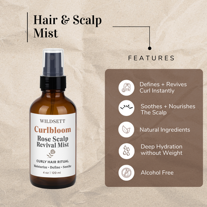 A botanical scalp tonic to calm, hydrate, and awaken hair roots. Infused with organic rose hydrosol, aloe vera, and rosemary to promote balance, softness, and strength,&nbsp;this silicone-free formula delivers moisture and slip without frizz or buildup. Perfect for curly, coily, or wavy textures that crave balance, bounce, and root nourishment.